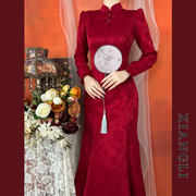 巷里复古改良旗袍红色连衣裙秋季长袖显瘦气质订婚敬酒礼服鱼尾裙