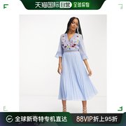 香港直邮潮奢asos女士设计蕾丝拼块褶裥，刺绣浅蓝色中长连衣裙