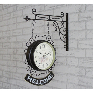 双面挂钟客厅钟表欧式铁艺静音，吊钟美式时钟，现代简约创意两面钟大