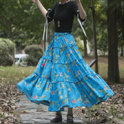 古典夏季流行女装印花棉麻半身裙，8米大摆长裙拼接款，蛋糕裙子蓝色