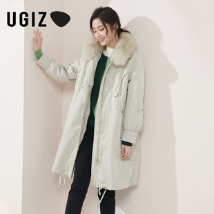 ugiz2021冬季韩版女装潮流针织，拼接中长款毛领，外套女utdue922