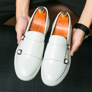 布洛克白色男小皮鞋漆皮亮面板鞋男款韩版潮流商务休闲网红孟克鞋