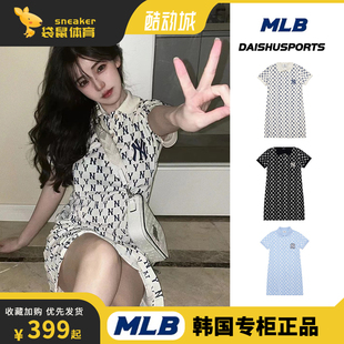 韩国mlb女老花满印连衣裙复古短袖，休闲22春夏3fopm0223