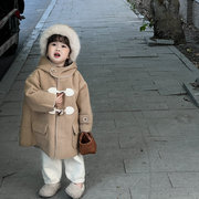 2022冬季男女童呢大衣宝宝中小童韩版连帽中长款毛呢外套