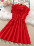 女童连衣裙夏季2024洋气学院风雪纺薄款夏装儿童红色背心裙子