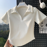 白色弧摆polo领短袖t恤女2024夏季设计感小众修身辣妹风短款上衣