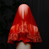 新娘出门纱半透明红盖头，结婚蕾丝红色头纱，秀禾喜帕中式婚礼蒙头巾
