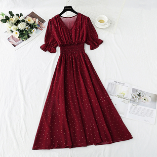 法式复古红色波点连衣裙女夏季收腰显瘦小个子仙女裙雪纺长裙