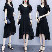 黑色连衣裙2023夏女韩版中长款不规则气质雪纺流行显瘦裙子潮