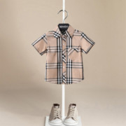 儿童格子衬衫男童夏装短袖纯棉洋气，男宝上衣英伦，风童装伯米吉品牌