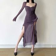 法式气质优雅香芋紫显白长袖(白长袖)收腰连衣裙女不规则拼接长裙设计感