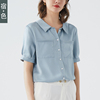 宿色雪纺衬衫女半袖设计感小众夏季短袖上衣职业气质通勤蓝色衬衣