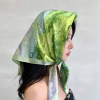 绿色油画小方巾丝巾女夏季薄款防晒春秋头巾，包头围巾绑包发带腰带