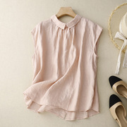 夏季薄款棉麻森系上衣粉色短袖衬衫女文艺两面穿纯色设计感衬衣