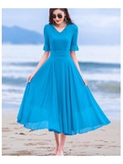 2023雪纺连衣裙女夏气质超仙长款大摆红色长裙天蓝色沙滩裙子