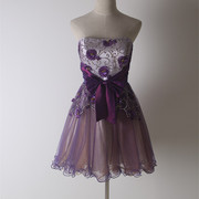 D003紫色甜美纱裙伴娘 短款礼服裙抹胸 手工钉珠绣花 公主A字裙1