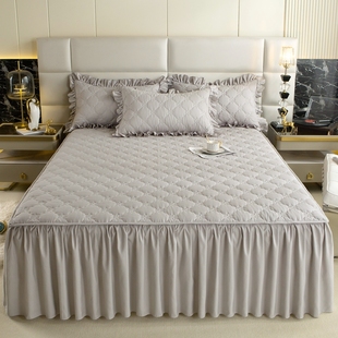 水洗棉床裙式床罩单件，纯色夹棉防尘保护套1.5米1.8床单床笠垫防滑