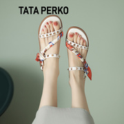 TATA PERKO联名女鞋丝带铆钉配裙子罗马鞋沙滩鞋平底小众凉鞋女潮