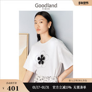 Goodland美地女装2023夏季纯棉立体花朵钉珠T恤百搭短袖上衣