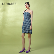 香莎chansarr时尚设计拼接牛仔，连衣裙露背甜酷显瘦格纹抹胸短裙