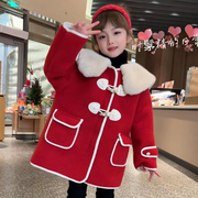 女童外套秋冬装洋气红色呢子大衣，女孩加绒加厚新年中(新年中)长款年服外套