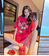 粉红豹仿棉睡衣女夏夏季条纹卡通可爱宽松薄款舒适韩版家居服