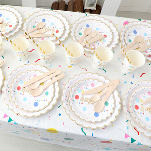 生日布置派对一次性餐具纸盘子纸杯，生日桌布套装甜品台摆件野餐盘