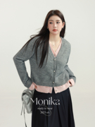 摩妮卡大码针织拼接假两件长袖衬衫女春季设计感小众显瘦遮肉上衣