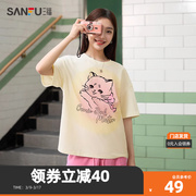 三福短t恤2024夏季漫画猫咪图案宽松圆领，纯棉上衣女装482140