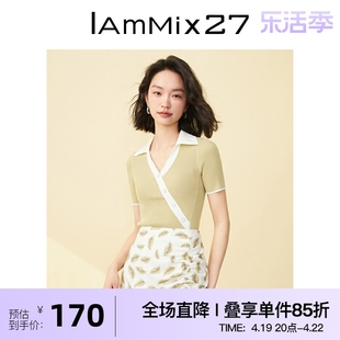 iammix27短袖针织衫女夏季时尚，撞色拼接斜门襟，polo领套头针织上衣