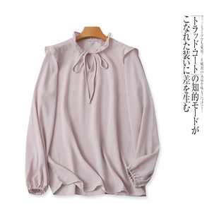 外贸韩版女士衬衫春季花边领系带宽松甜美纯色时尚长袖衬衣