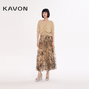 Kavon/卡汶粘纤舒适轻盈极简V领遮肉显瘦抽绳经典蝙蝠短袖女毛衫