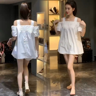 韩版衬衫女2021夏洋气(夏洋气，)露肩宽松显瘦减龄中长款娃娃服短袖上衣
