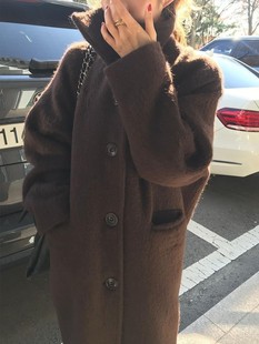 韩国sienne棕色/深蓝羊驼毛大衣ins博主同款外套质感