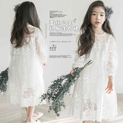 韩版童装春秋夏季款短袖，女童蕾丝连衣裙长袖中大童裙子白色公主裙