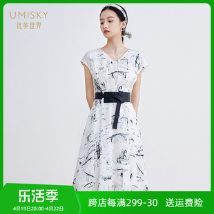  umisky优美世界V领无袖显瘦中长款连衣裙SG2D1125
