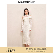 MAXRIENY精致优雅磨毛蕾丝连衣裙气质约会小白裙秋装鱼尾裙