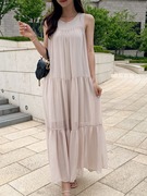 韩国chic夏季法式优雅圆领褶皱，拼接过膝长款荷叶边雪纺背心连衣裙