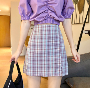 大码香芋紫色格子半身裙，法式复古a字包臀裙bm少女心高腰开叉短裙