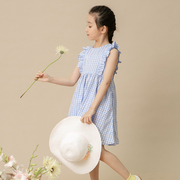 洋气公主无袖儿童童装公主裙蓝白格子(白格子)女童，夏季夏装连衣裙短款