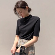 白色韩国2023夏季半高领打底衫女修身黑色针织衫中袖上衣欧货