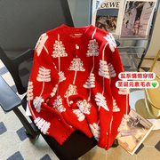 2023年红色重工钉珠圣诞毛衣女冬季慵懒设计感针织衫