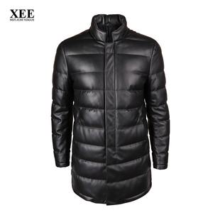 XEE商场同款 冬黑色横条纹中长款高档绵羊皮男士羽绒皮衣