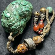 古玩古董老松石貔貅手把件护身符吊坠 佩有藏银铃铛铜钱玛瑙佩饰