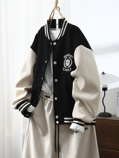 琴川谷美式复古盾牌刺绣棒球服女秋季拼色宽松长袖开衫洋气短外套