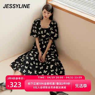 杰茜莱黑色，中长款收腰方领连衣裙高级感夏季印花裙jessyline