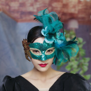 欧美夸张威尼斯绿色花朵面具，羽毛蒙面歌王万圣节狂欢假面舞会派对