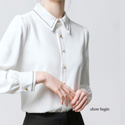 白色明线雪纺衬衫女长袖设计感小众上衣2023春秋OL风气质职业衬衣