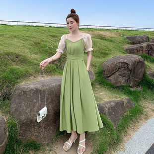 大码牛油果绿色温柔风，连衣裙女夏季收腰显瘦高级感气质长裙子
