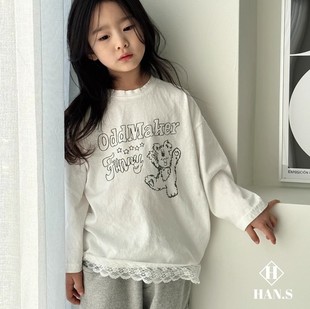 韩版童装2024春季女童中大童，蕾丝边小熊，长袖t恤